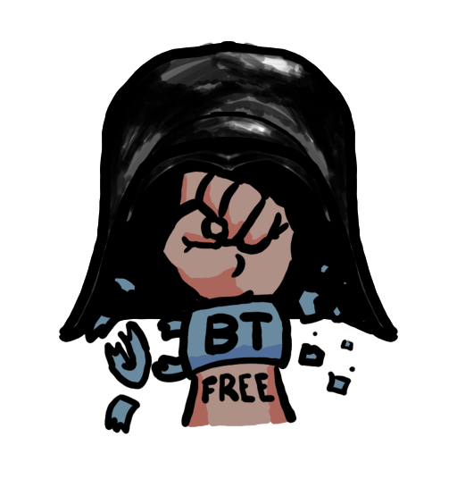 A cartoon raised fist that's breaking out of a shackle.  Written on the shackle is BT and Free underneath it.  The fist is surrounded by a large black helmet.  